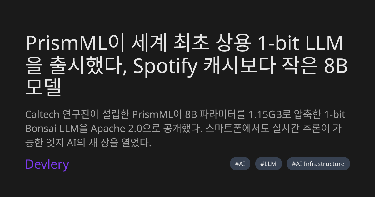 PrismML이 세계 최초 상용 1-bit LLM을 출시했다, Spotify 캐시보다 작은 8B 모델