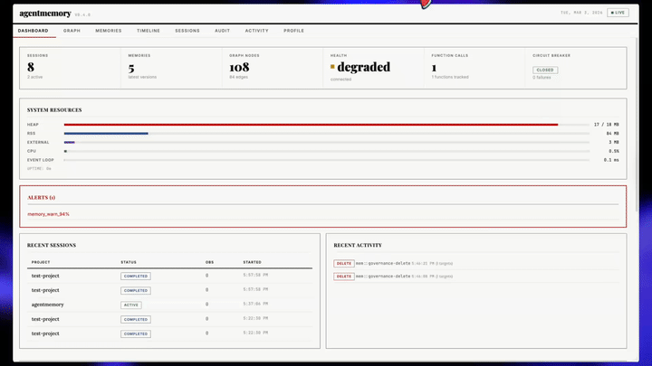 agentmemory 공식 저장소 demo GIF. 세션 기억을 캡처하고 검색하는 흐름을 보여준다.