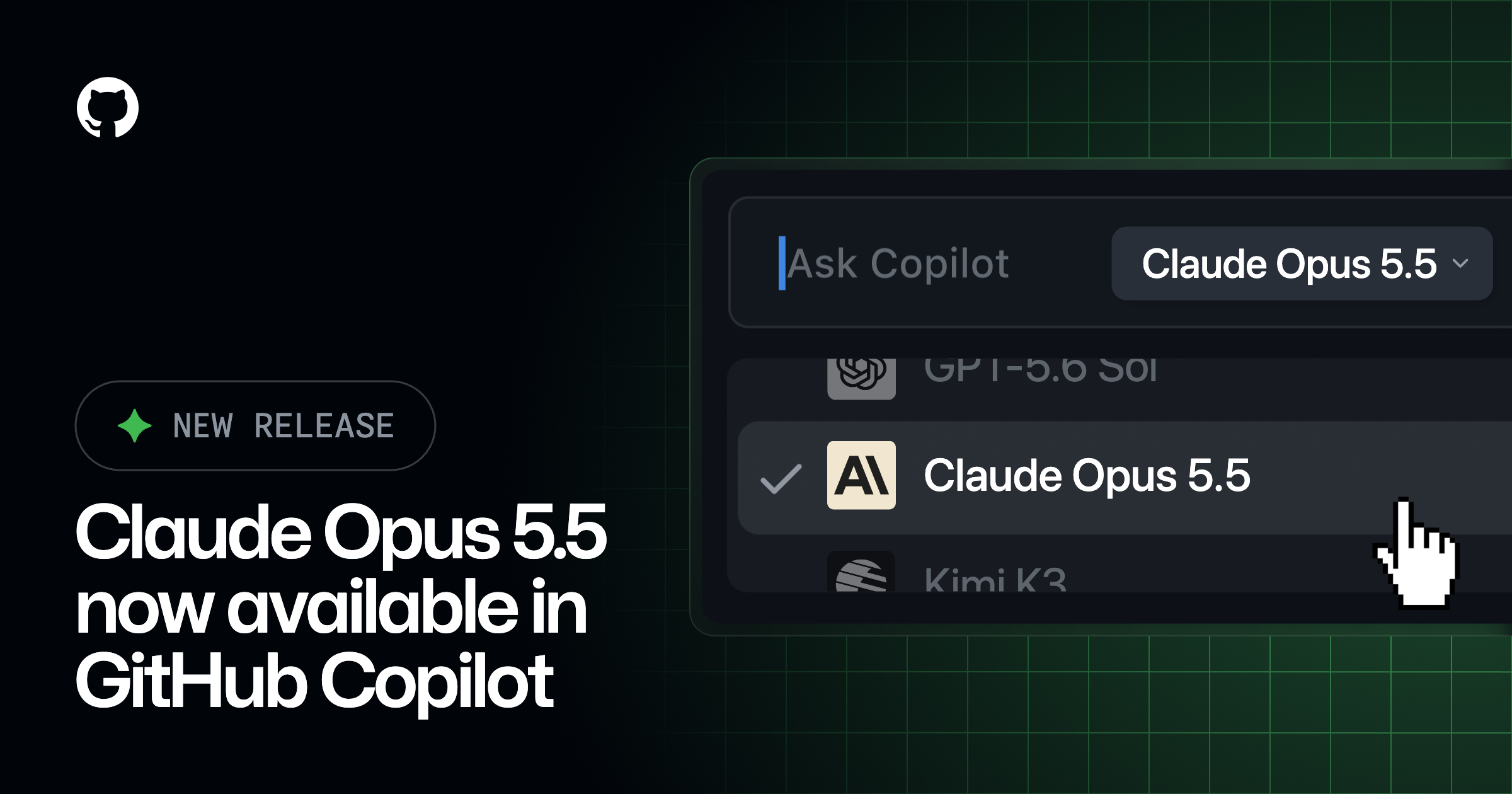 GitHub Copilot 모델 선택 화면. 목록에 Claude Opus 5.5가 올라와 선택돼 있다