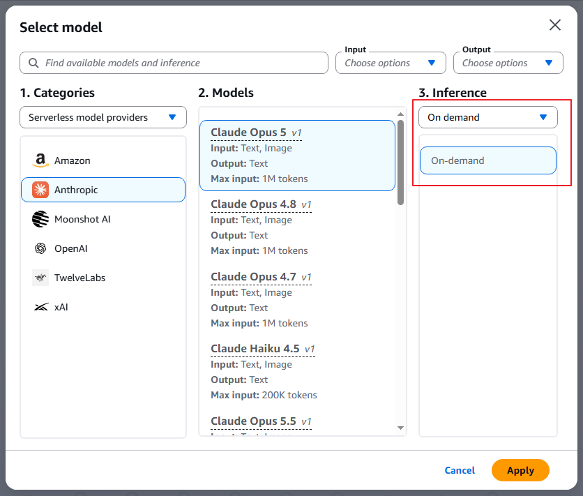 Amazon Bedrock console model picker showing the Claude models selectable in the Seoul Region