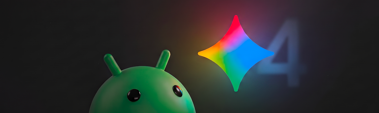 Android Developers 블로그에 실린 Gemini 4 Argon 발표 헤더 이미지. 안드로이드 로봇과 Gemini 아이콘, 흐릿한 숫자 4가 나란히 놓여 있다