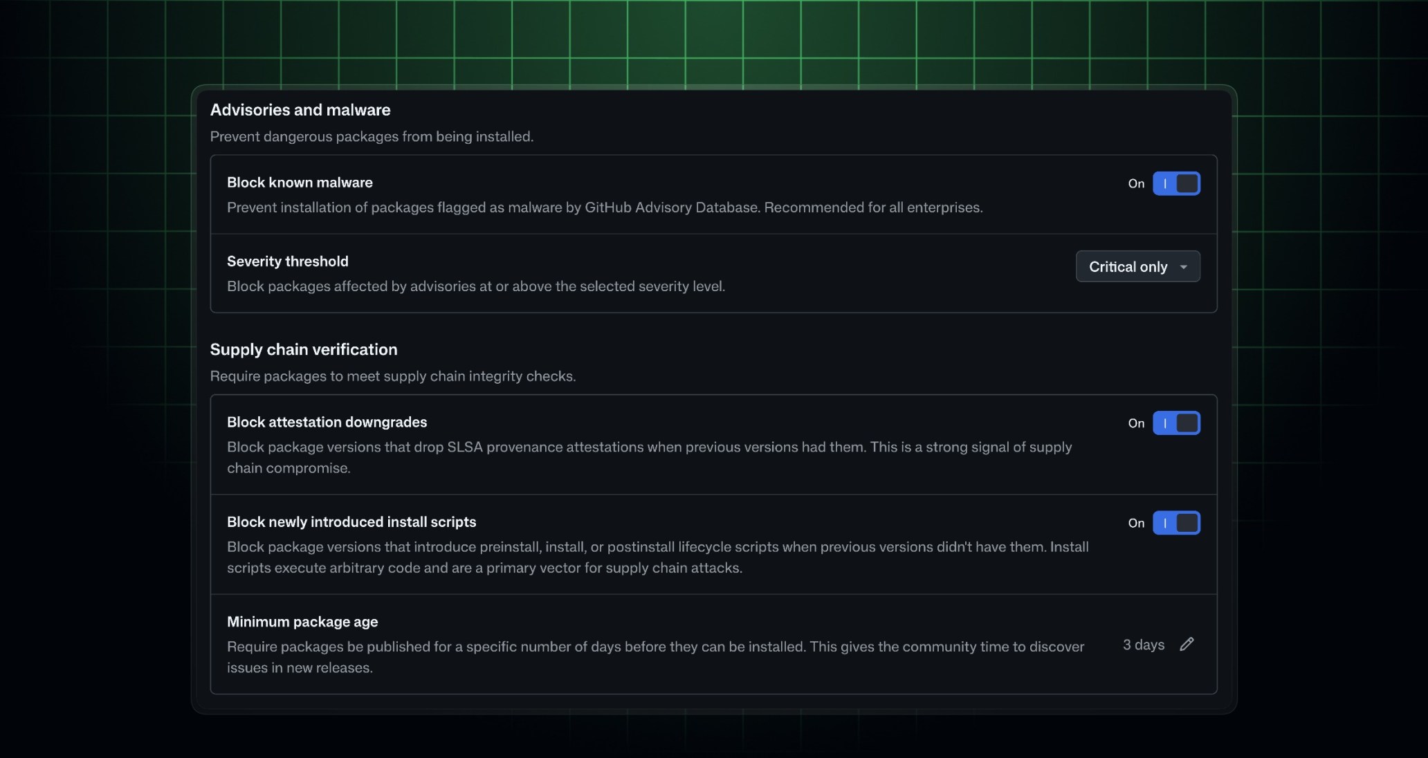 GitHub 패키지 방화벽 관리자 정책 화면, 최소 게시 경과일 기본값 3일
