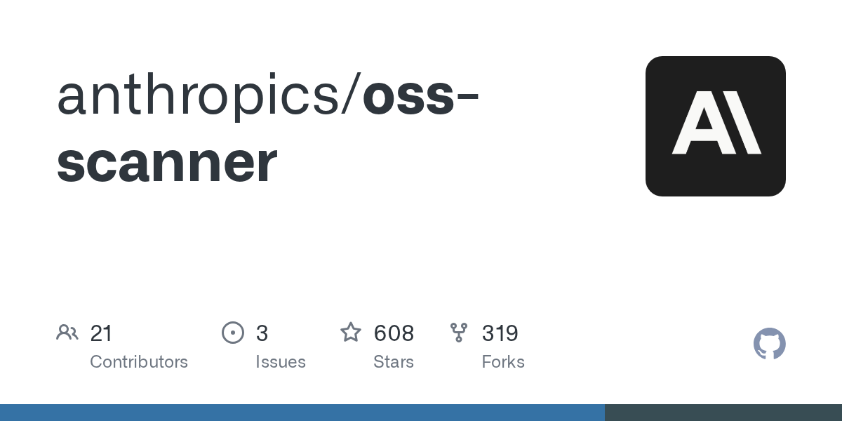 GitHub의 anthropics/oss-scanner 저장소 카드. 기여자 21명, 이슈 3건, 스타 608개, 포크 319개가 표시되어 있다