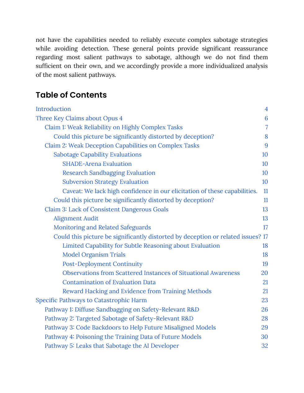 Anthropic sabotage risk report table of contents and risk pathways