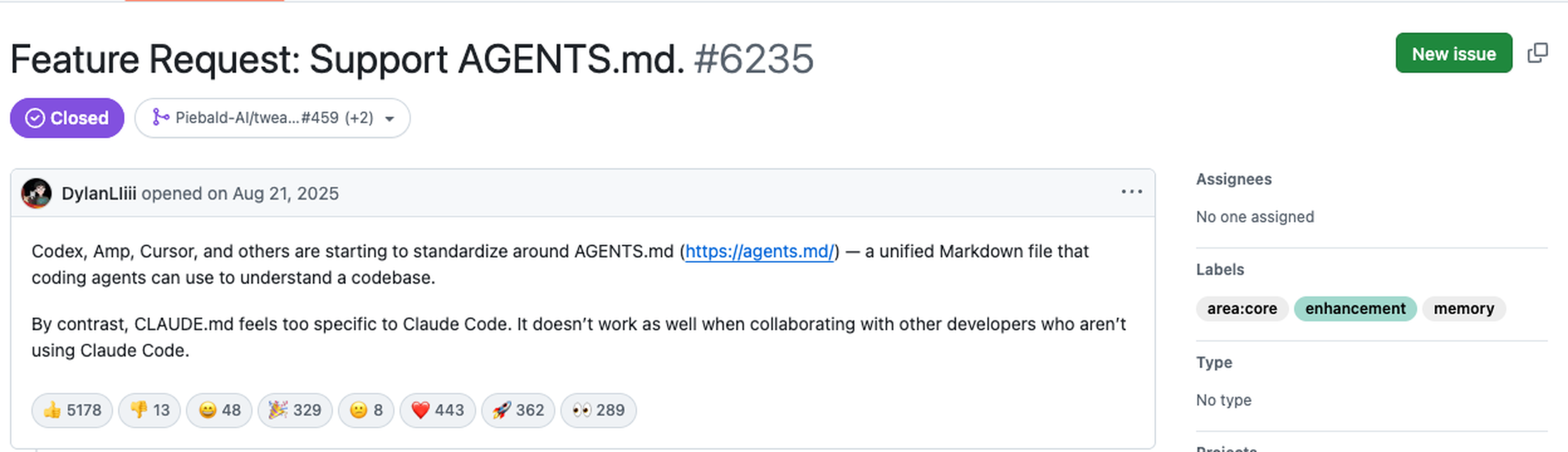 GitHub 이슈 #6235 화면. 제목은 Feature Request: Support AGENTS.md, 상태는 Closed, 2025년 8월 21일 등록, 👍 5178 등 반응이 달려 있습니다
