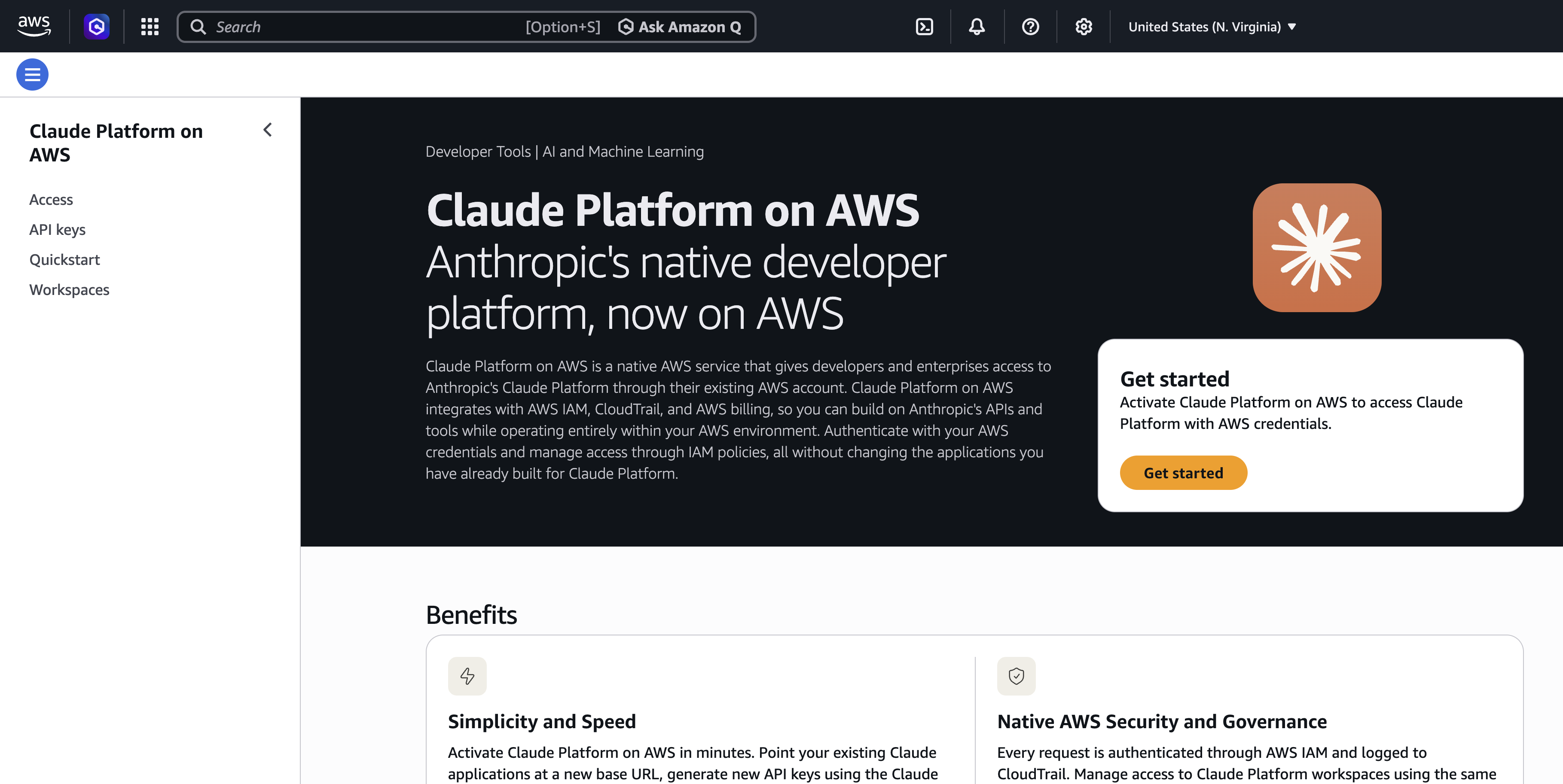 AWS Console에서 Claude Platform on AWS를 여는 화면