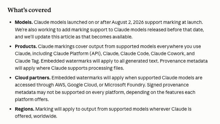 The "What's covered" section of Anthropic's support article, listing models, products, cloud partners, and regions as the four dimensions of coverage