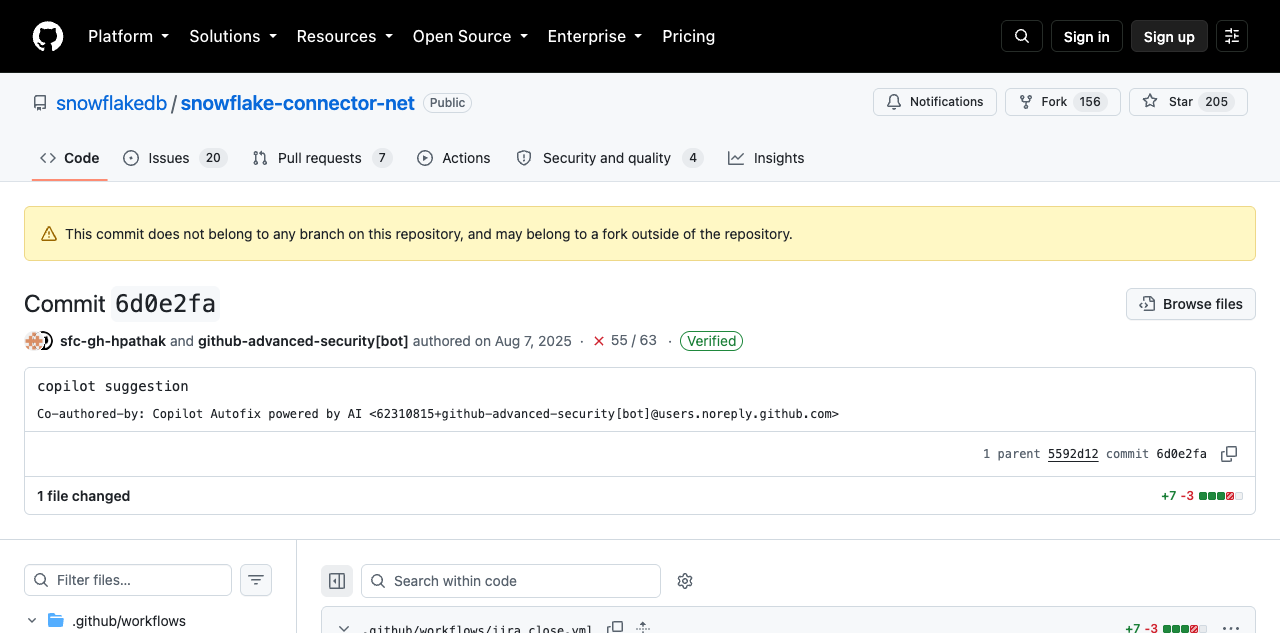 GitHub 커밋 6d0e2fa 화면. 커밋 메시지에 Co-authored-by: Copilot Autofix powered by AI 트레일러가 적혀 있고 1 file changed, jira_close.yml만 변경됐다고 표시된다