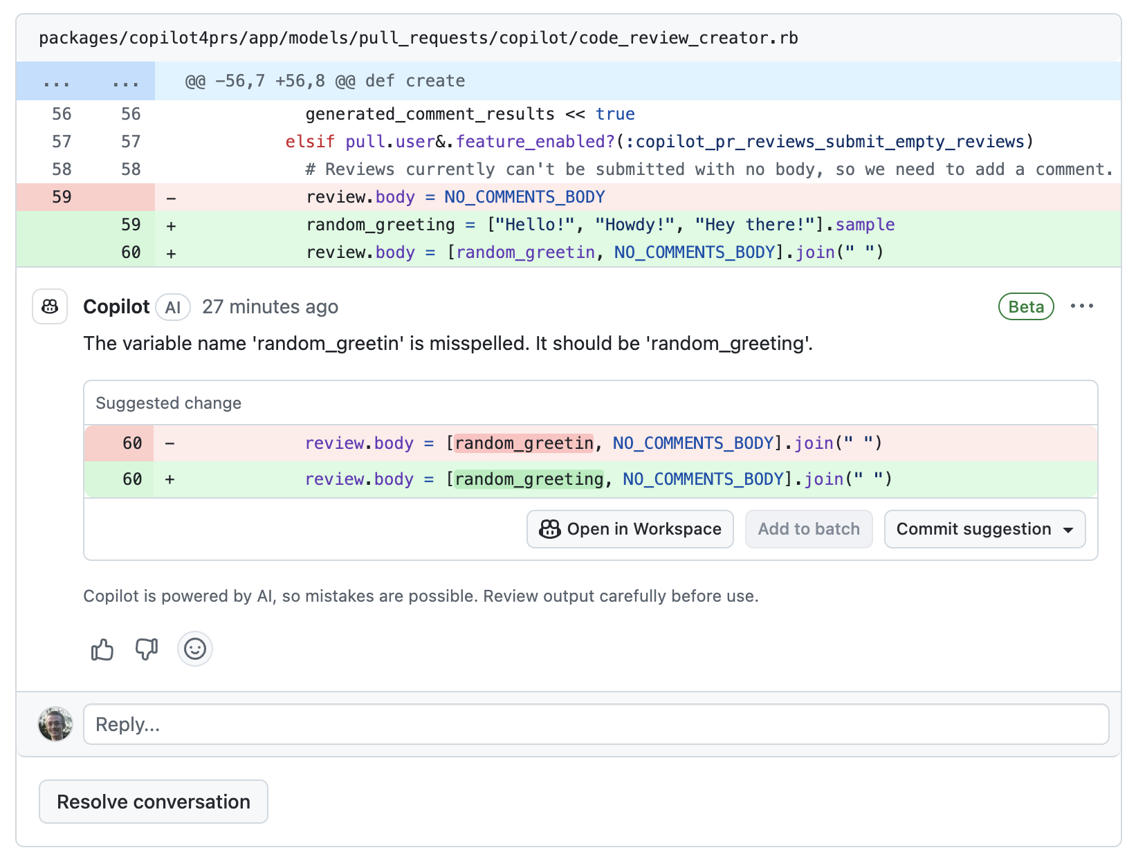 GitHub Docs의 Copilot code review comment 예시