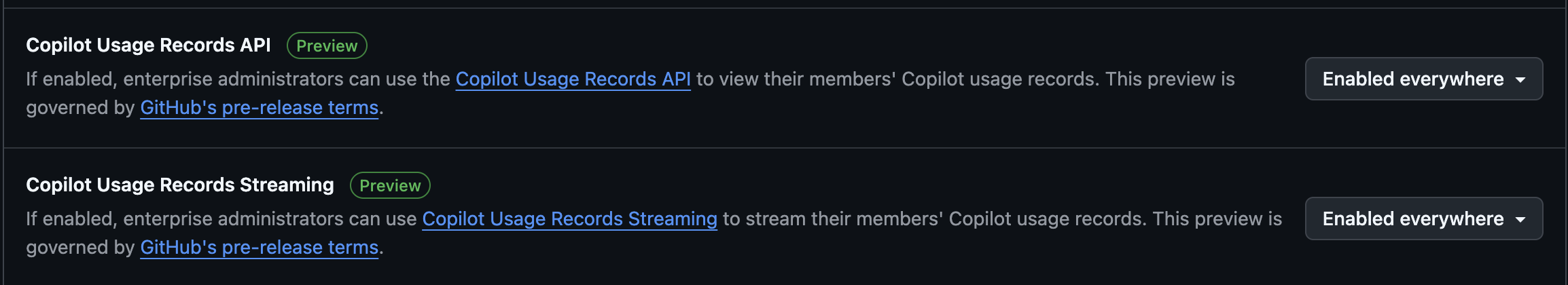 GitHub AI Controls의 Copilot Usage Records Streaming과 API 설정 화면