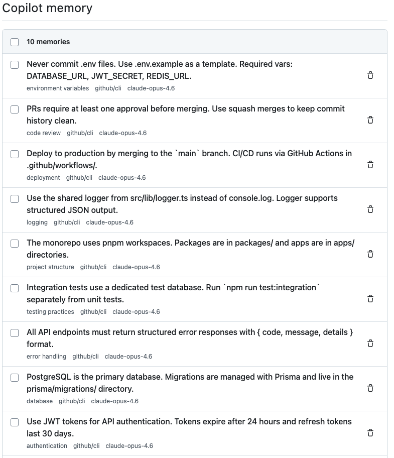 GitHub Docs의 Copilot repository memory list 예시
