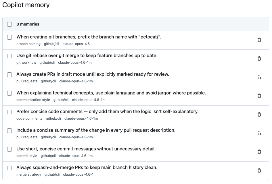 GitHub Docs의 Copilot user memory list 예시