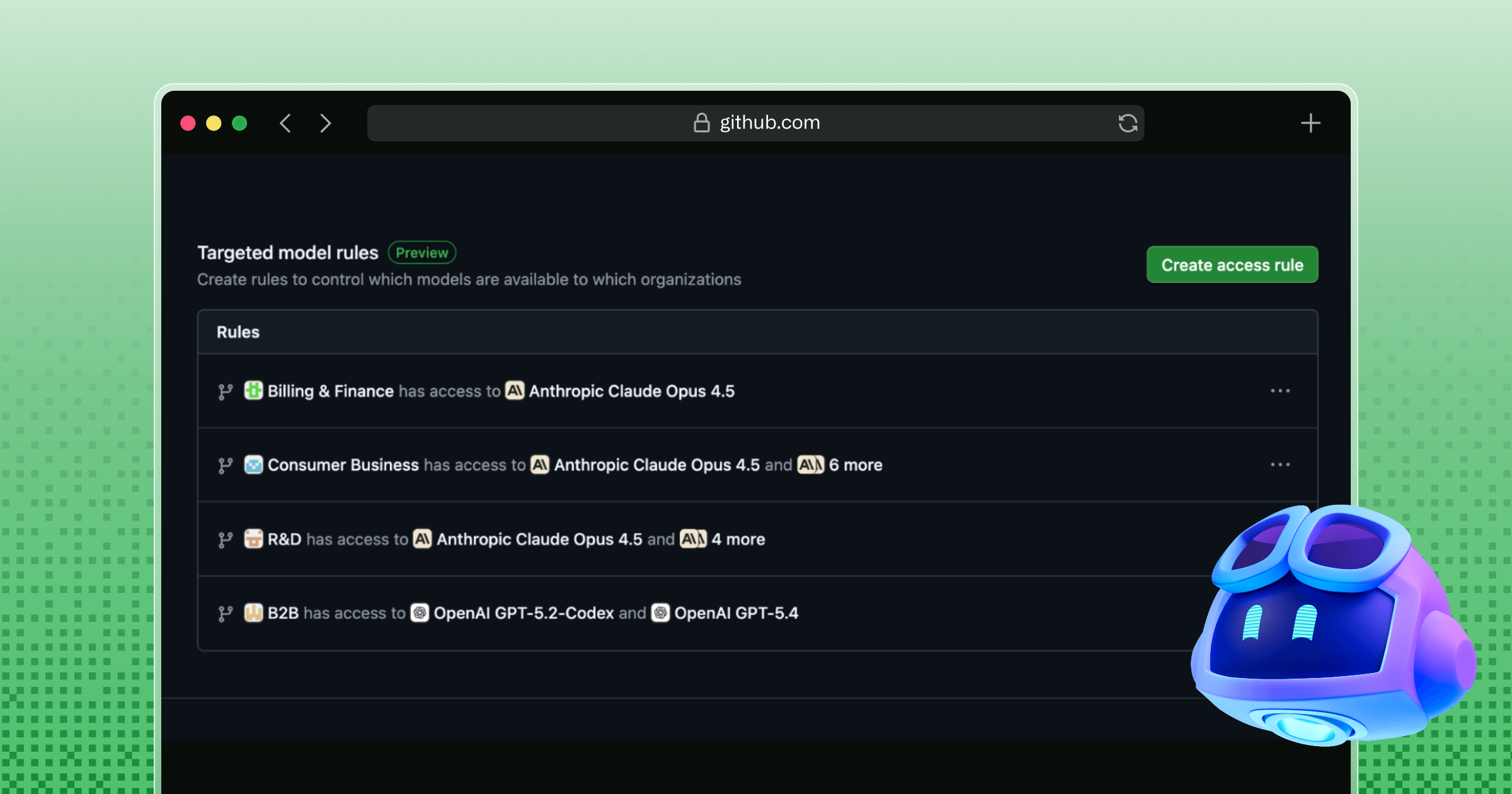 GitHub Copilot targeted model rules UI