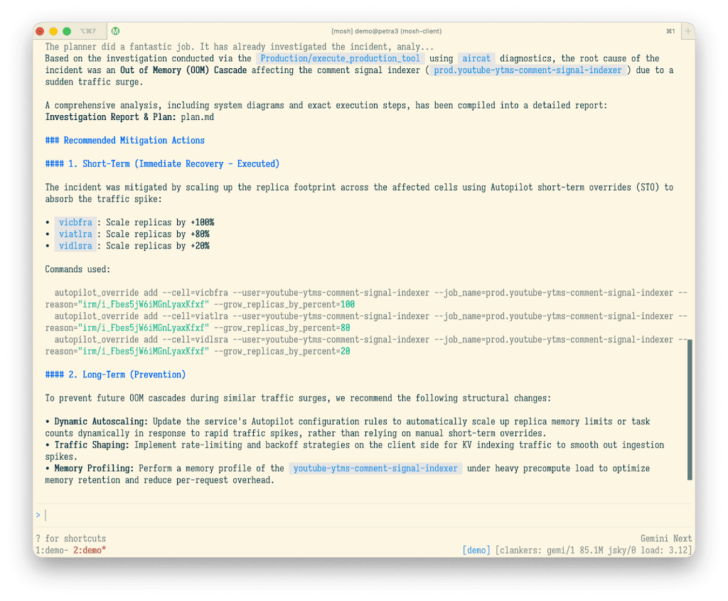 Google SRE가 공개한 Antigravity CLI 기반 incident mitigation 화면