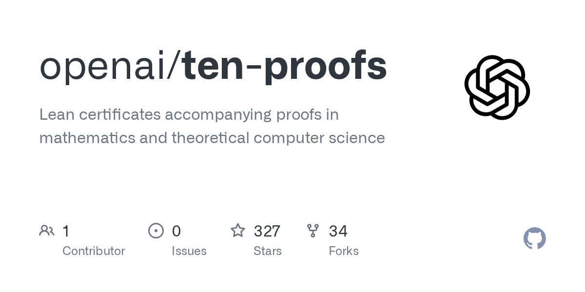 OpenAI가 공개한 openai/ten-proofs 저장소 카드. 10개 결과의 Lean 인증서가 들어 있다