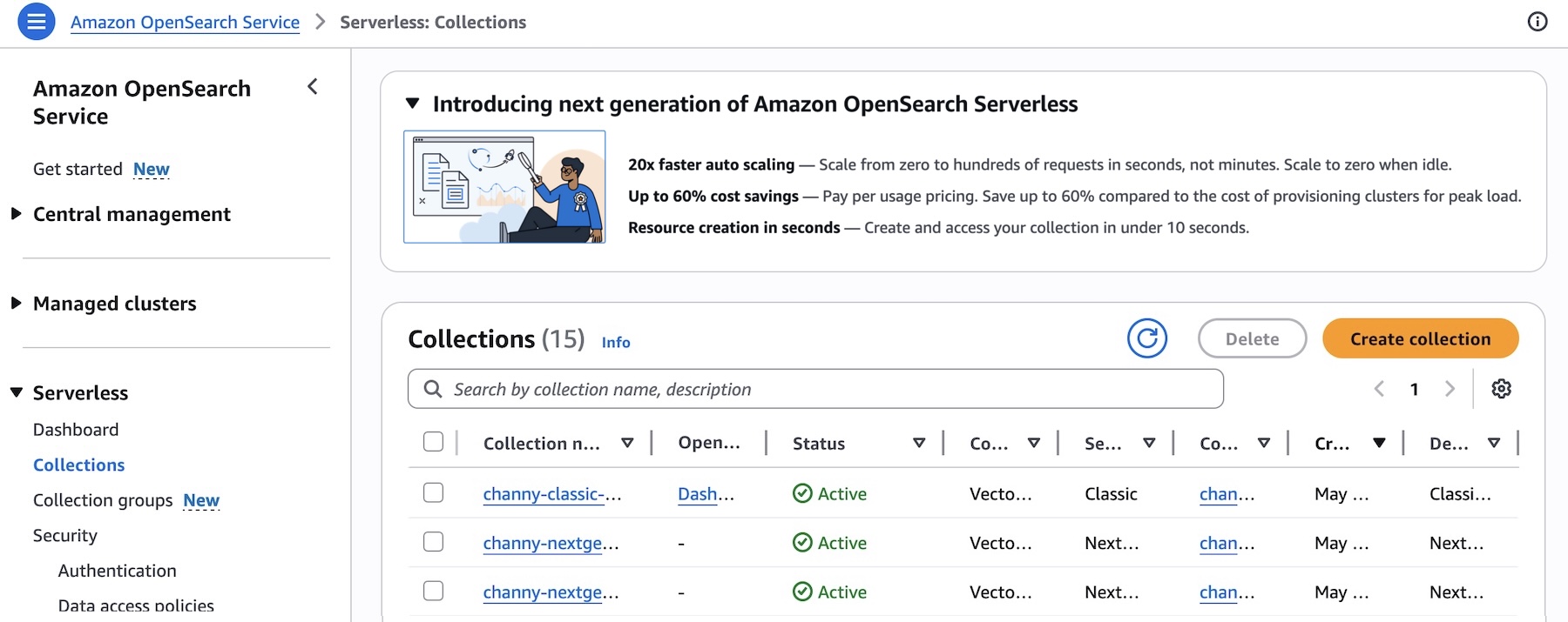 Amazon OpenSearch Serverless 콘솔 화면