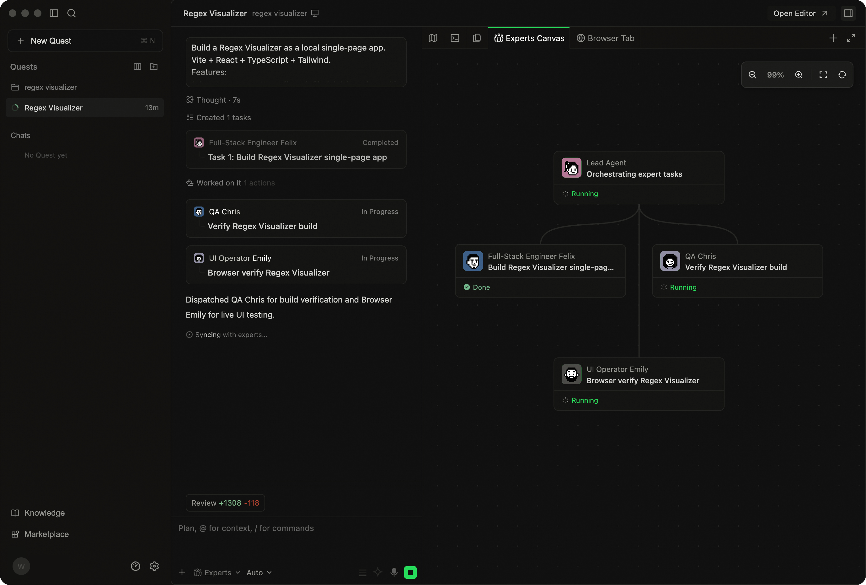 Qoder Desktop의 Experts Canvas 화면. Lead Agent가 Full-Stack Engineer, QA, UI Operator 역할을 병렬로 배치하고 각 노드의 실행 상태를 표시하고 있습니다.