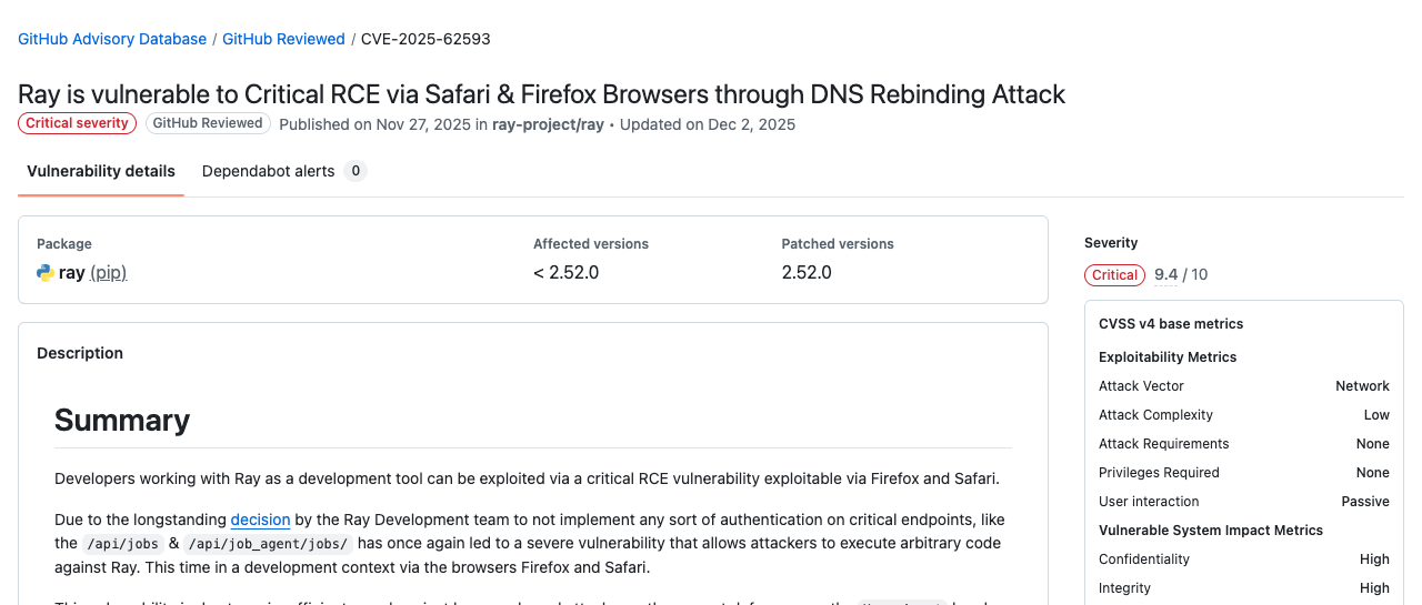 The GitHub Advisory Database entry for CVE-2025-62593, showing Critical 9.4, affected versions below 2.52.0, and 2.52.0 as the patched version