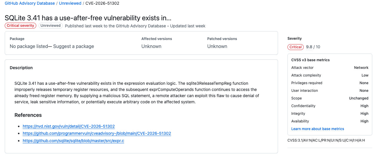 GitHub 자문 데이터베이스의 GHSA-vrg3-8p22-cwh8 화면. NVD가 철회한 CVE-2026-51302가 Critical severity, Unreviewed, CVSS 9.8로 표시되고 영향 패키지는 비어 있다