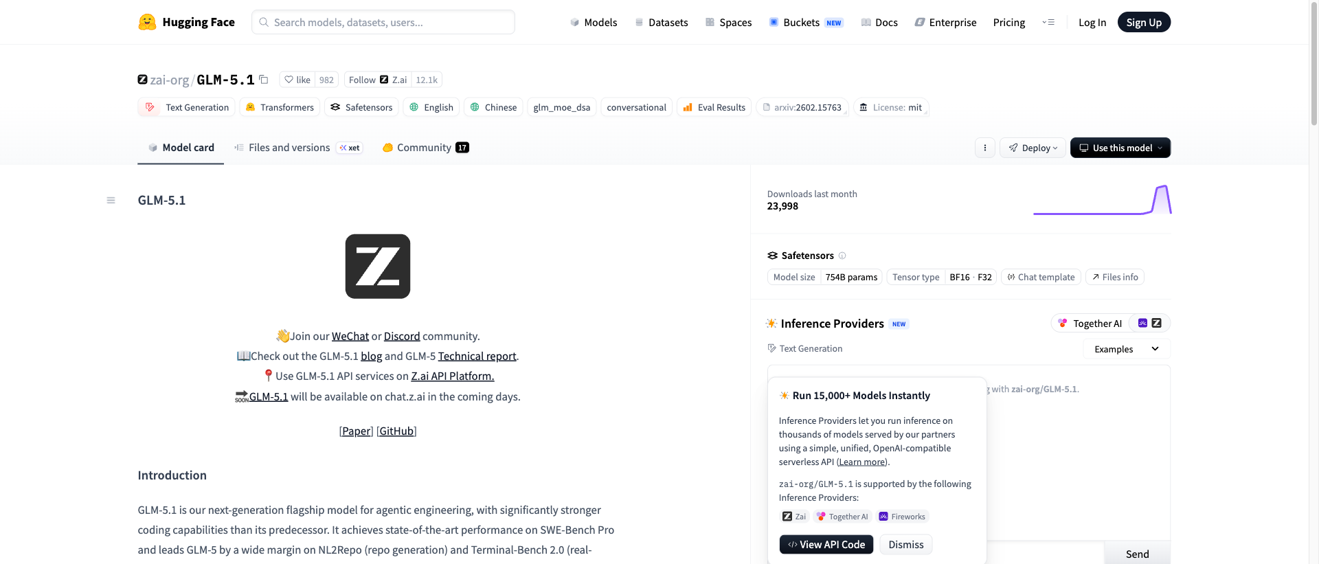 HuggingFace에 공개된 GLM-5.1 모델 카드. MIT 라이선스로 다운로드 및 상업적 활용이 가능하며, Transformers, SGLang, vLLM 등 주요 프레임워크를 지원한다.